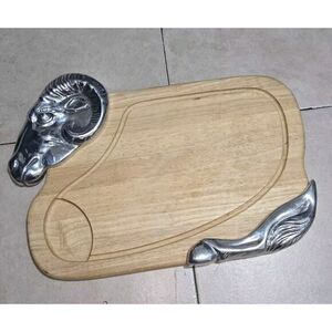 Decorative Wooden Cutting Board with Silver Ram‎ Head Handles Serving Platter